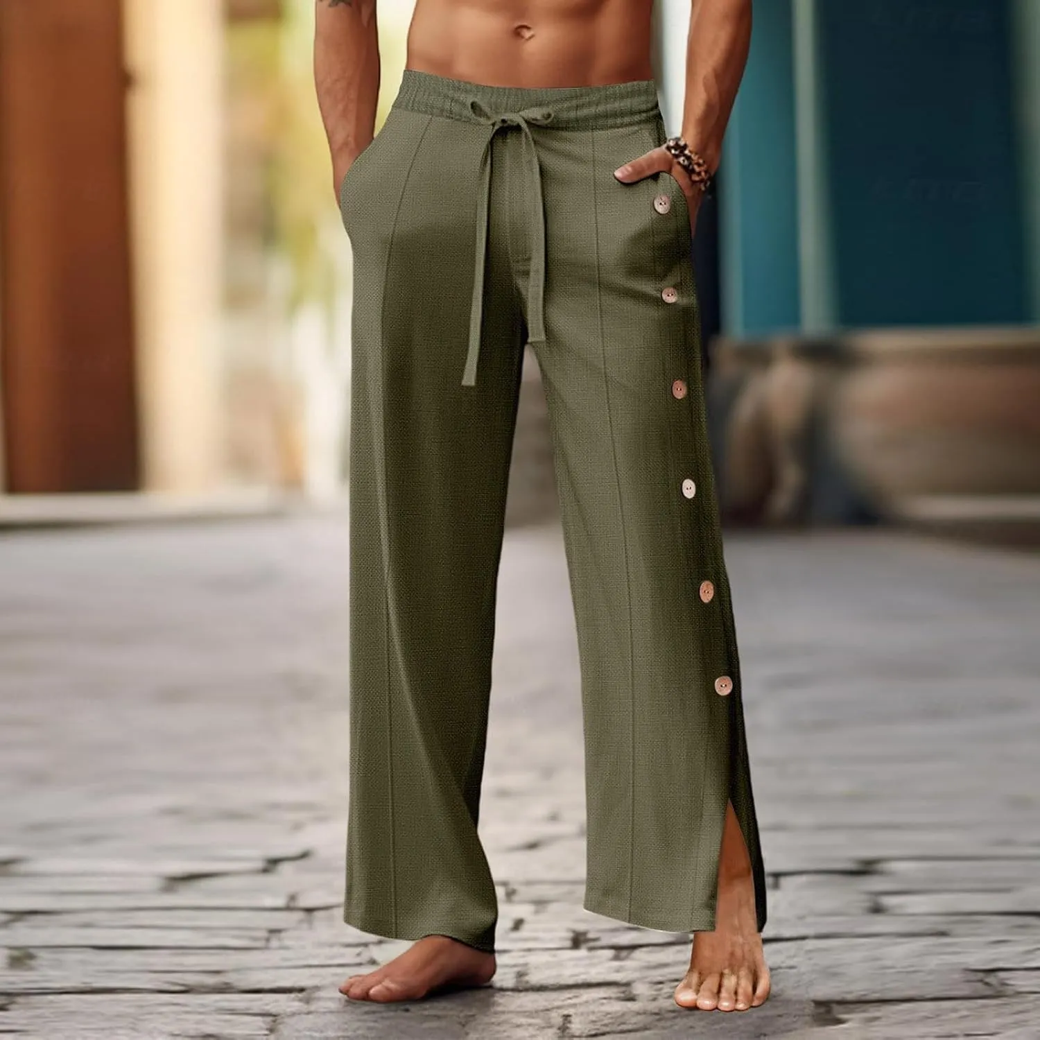2025 Men's Casual Loose and Comfortable Casual Pants Cotton Linen Buttons Pants