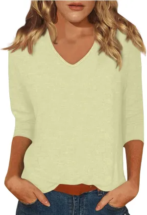 3/4 Length Sleeve Womens Tops Casual V-Neck Ladies Shirts 2025 Summer Elbow Length Printed,Plain t Shirts Outfits