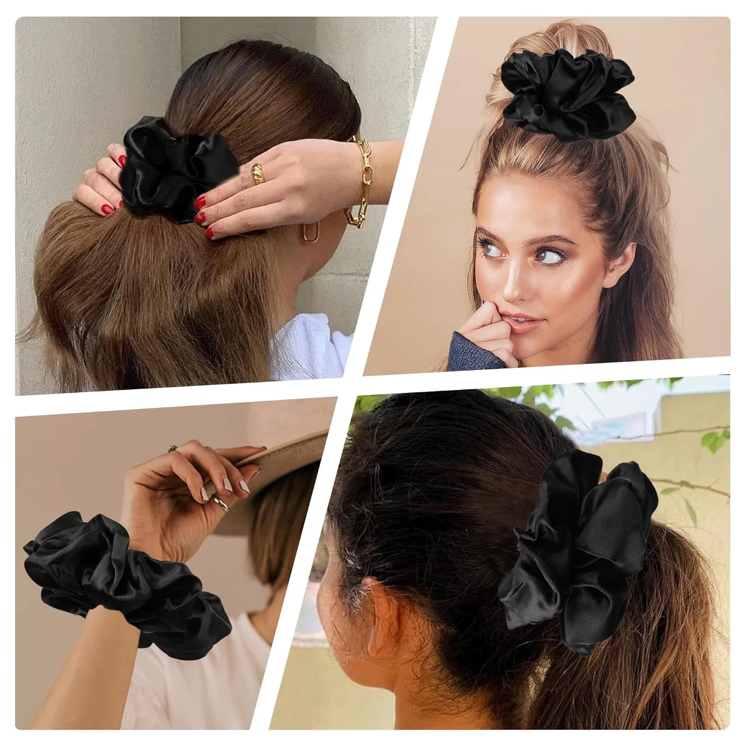 Black Scrunchies Hair Ties for Women - Big Satin Scrunchie Exra Large Jumbo Gaint Oversized Cute Scrunchy for Curl Thick Hair Ligas Para el Cabello De Mujer Decorations Hair Accessories