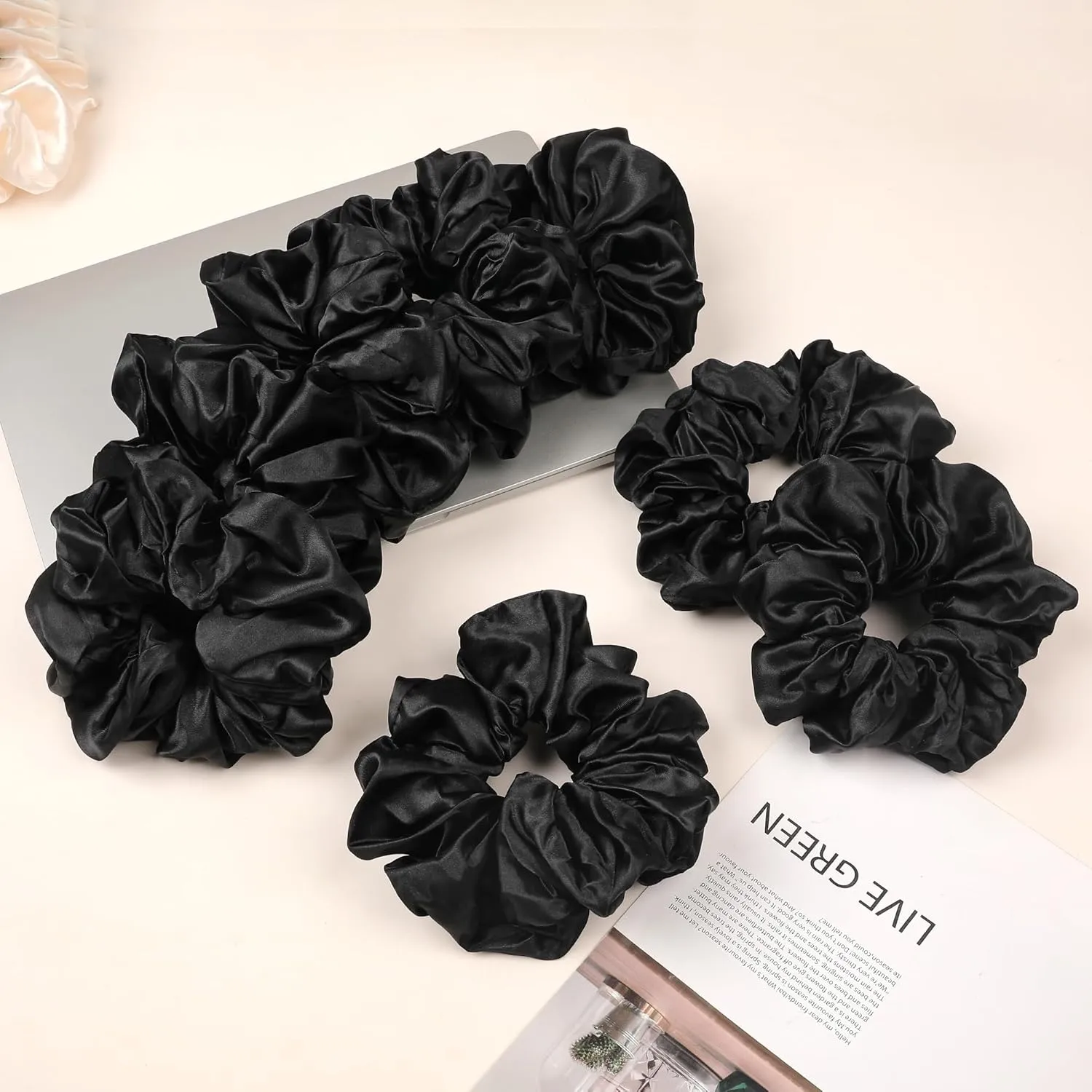 Black Scrunchies Hair Ties for Women - Big Satin Scrunchie Exra Large Jumbo Gaint Oversized Cute Scrunchy for Curl Thick Hair Ligas Para el Cabello De Mujer Decorations Hair Accessories