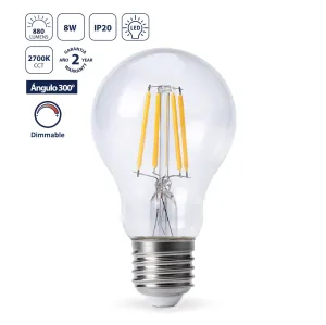 Bombillo Filamento LED A19 E27 8W 2700K Luz Cálida, 880Lm, Rosca Gruesa, Encendido Inmediato . Luz Regulable. Foco.