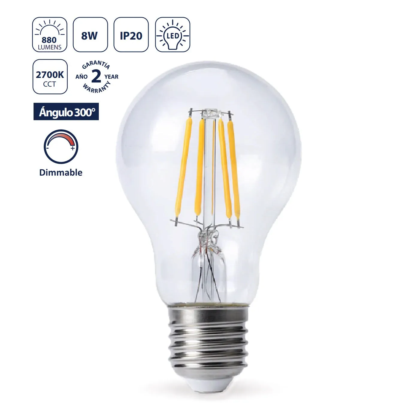 Bombillo Filamento LED A19 E27 8W 2700K Luz Cálida, 880Lm, Rosca Gruesa, Encendido Inmediato . Luz Regulable. Foco.