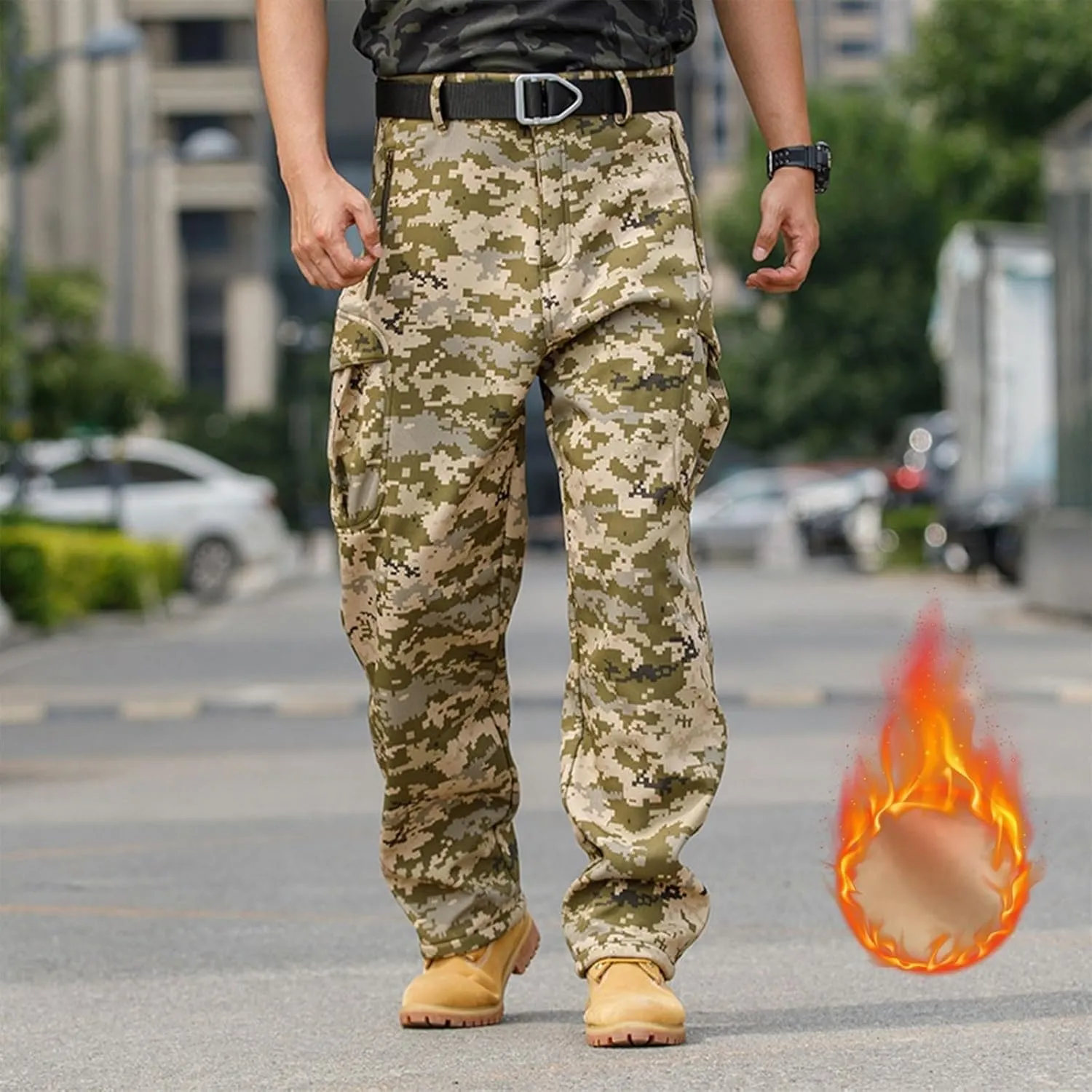 Cargo Pants for Men - Waterproof Winter Warm Fleece Lined Tactical Pants with Zipper Pockets