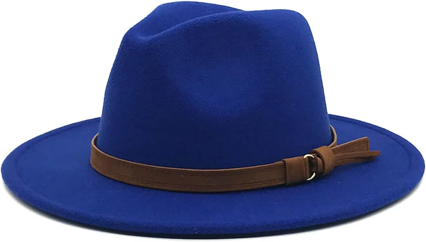 Classic Fedora Hats for Women Lady Wide Brim Panama Hat with Belt Buckle Cowboy Hats for Men