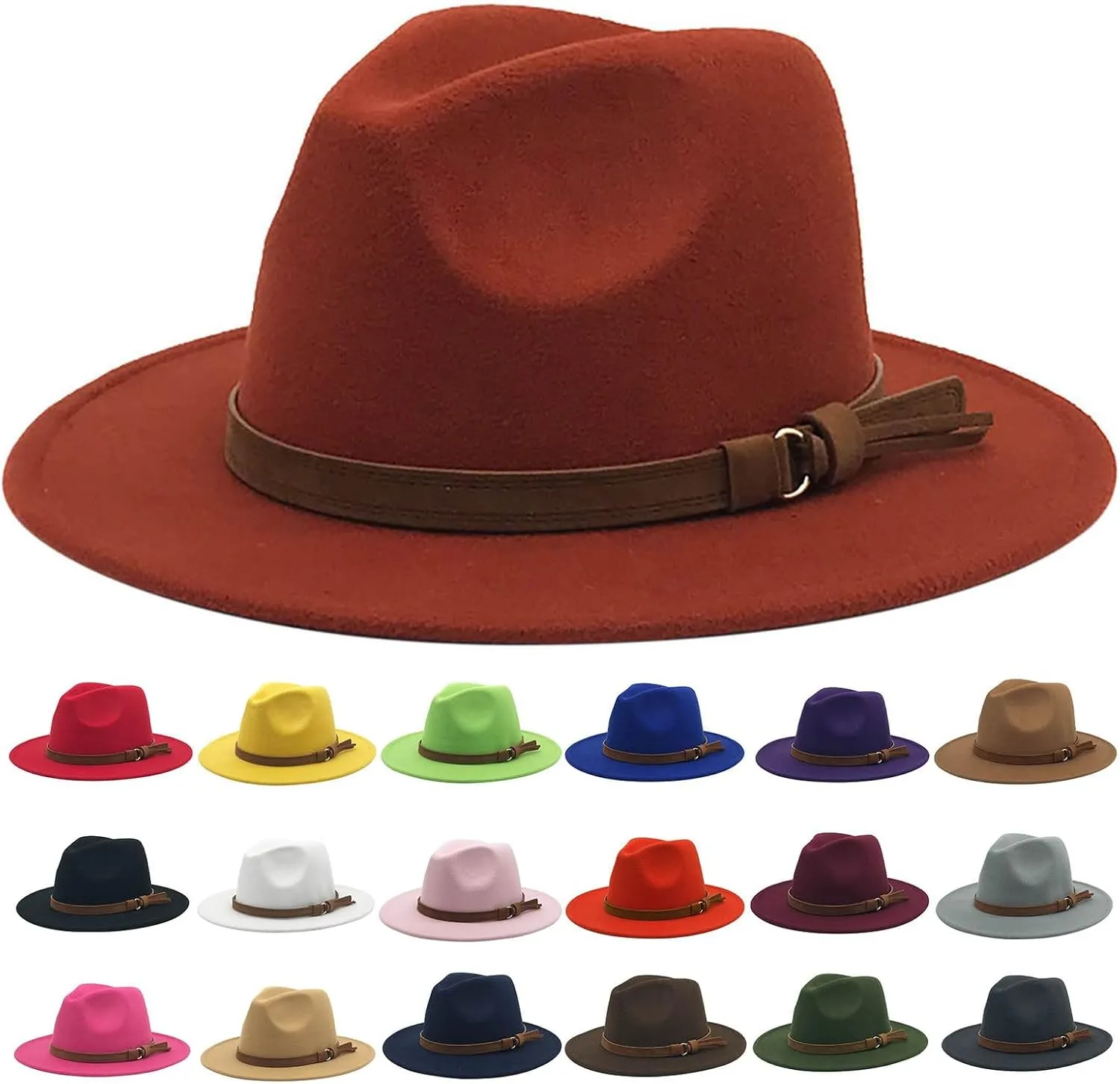 Classic Fedora Hats for Women Lady Wide Brim Panama Hat with Belt Buckle Cowboy Hats for Men