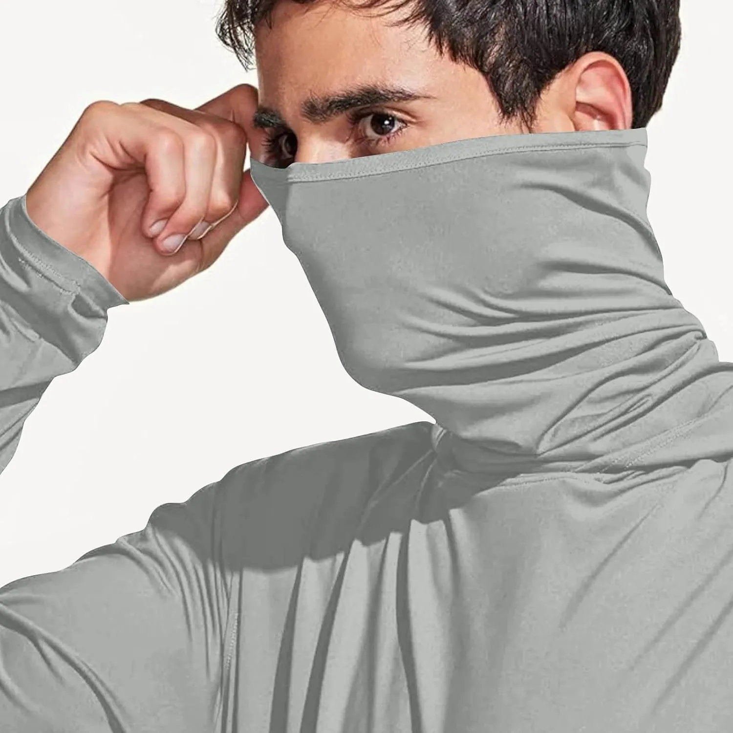 Fishing Shirts for Men UPF 50  Sun Protection Hooded Shirt with Mask Rash Guard Long Sleeve Hiking Cooling Blouses