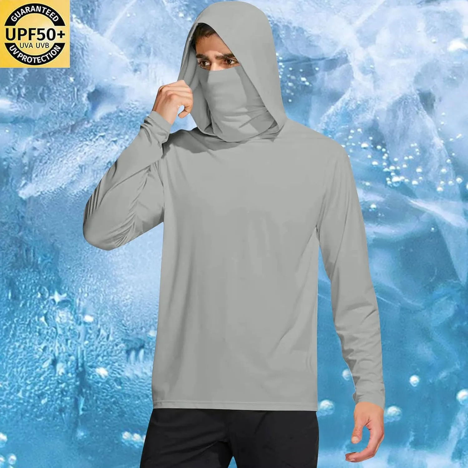 Fishing Shirts for Men UPF 50  Sun Protection Hooded Shirt with Mask Rash Guard Long Sleeve Hiking Cooling Blouses