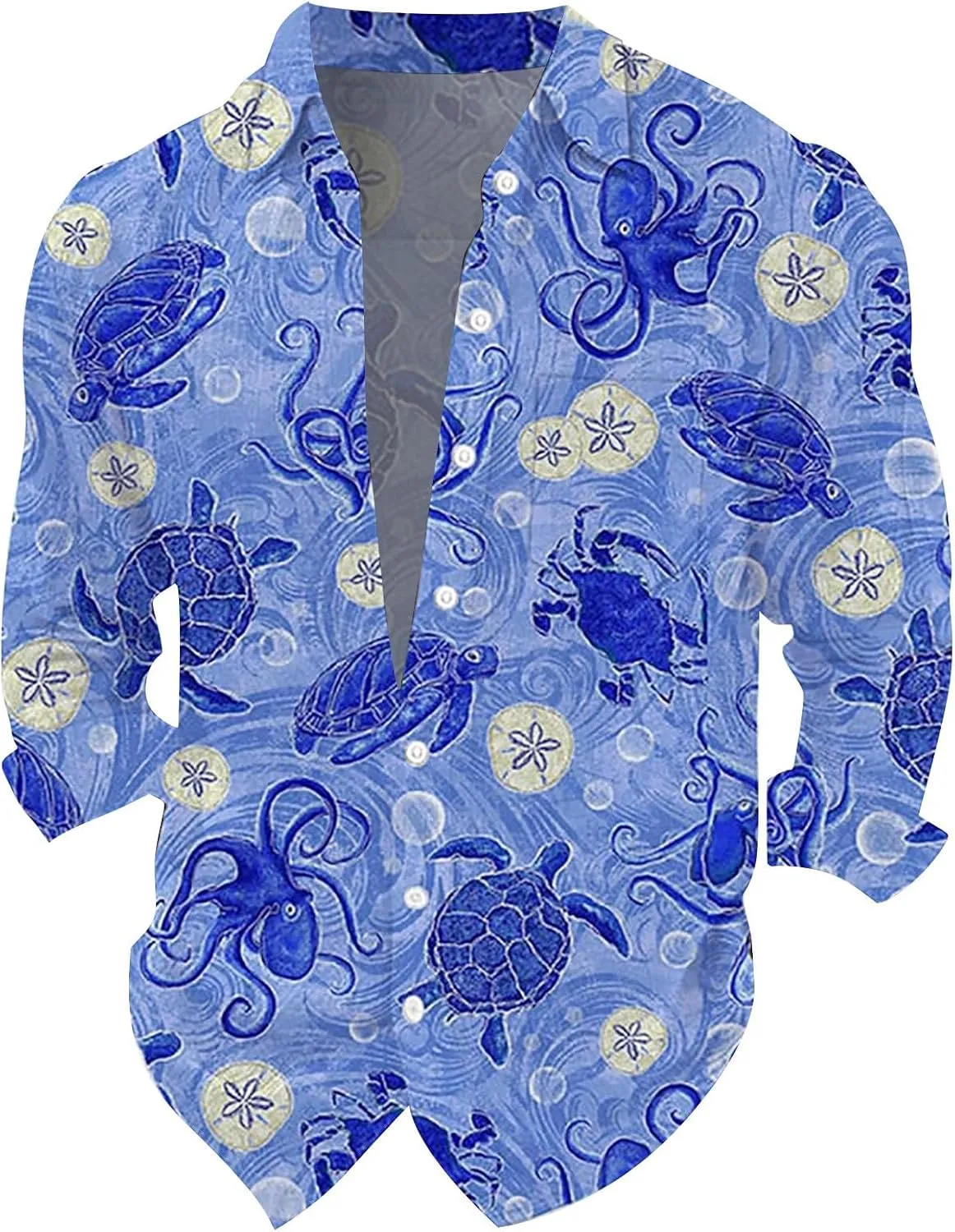 Graphic Button Down Tee Shirts for Men Long Sleeve Roll Up Wrinkle Free Summer Floral Turtle Print Vacation Tee Top