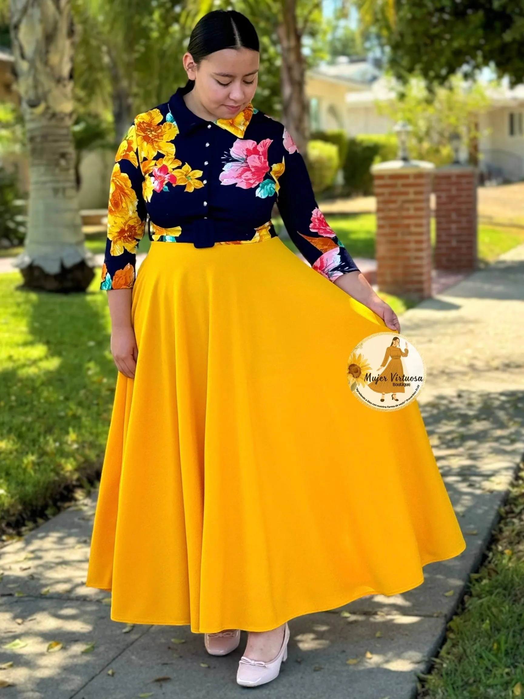 Hadassah Mustard Belted Floral Dress