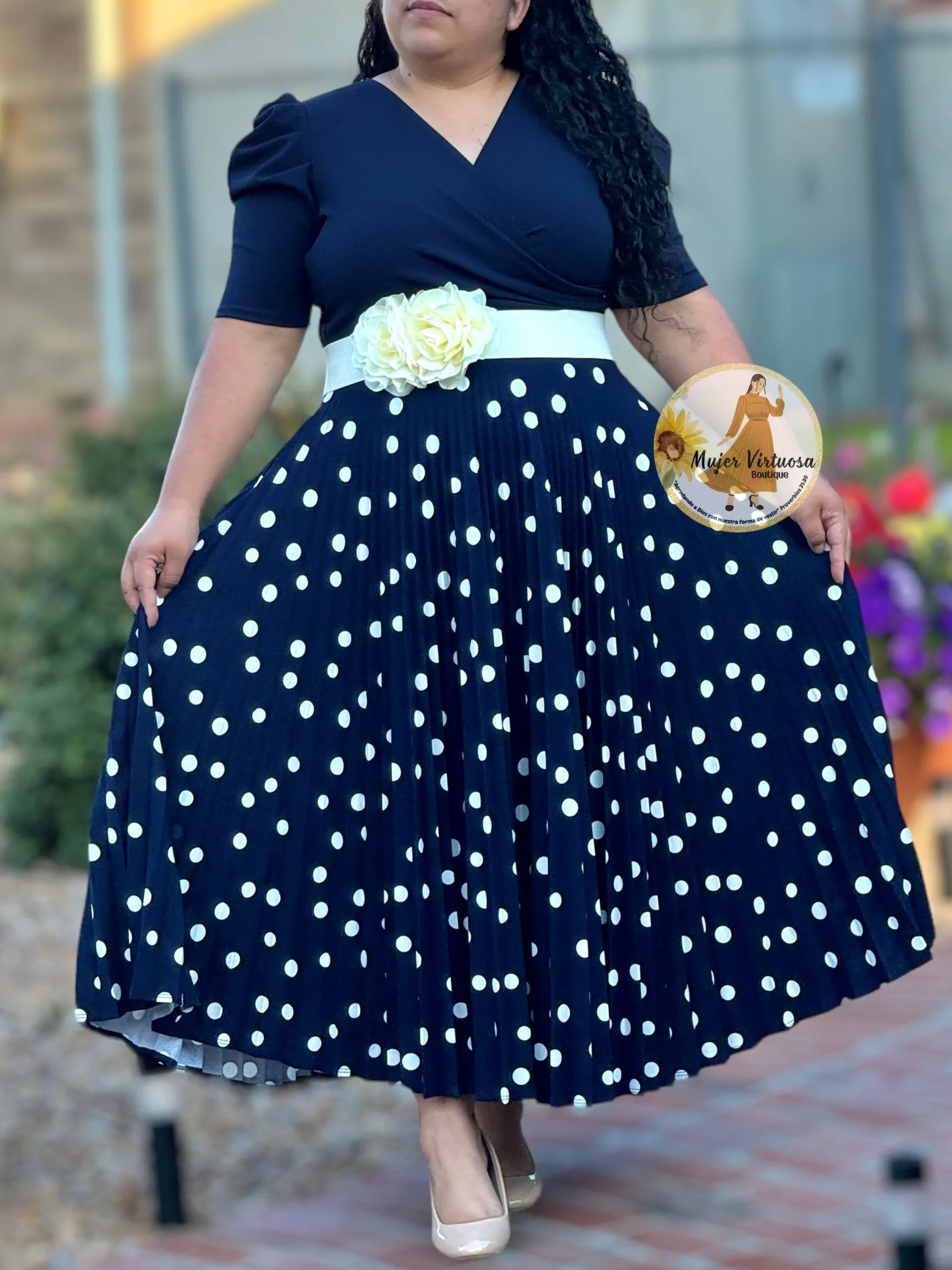 Jessica Navy Polka Dot Pleated Dress