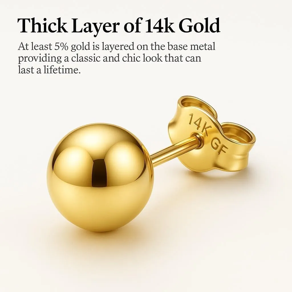 Kezef 14K Gold Stud Earrings for Women 14 k Real Gold Earrings, Solid Ball Filled Studs, Hypoallergenic Round Ear rings | Available from 3mm - 9mm