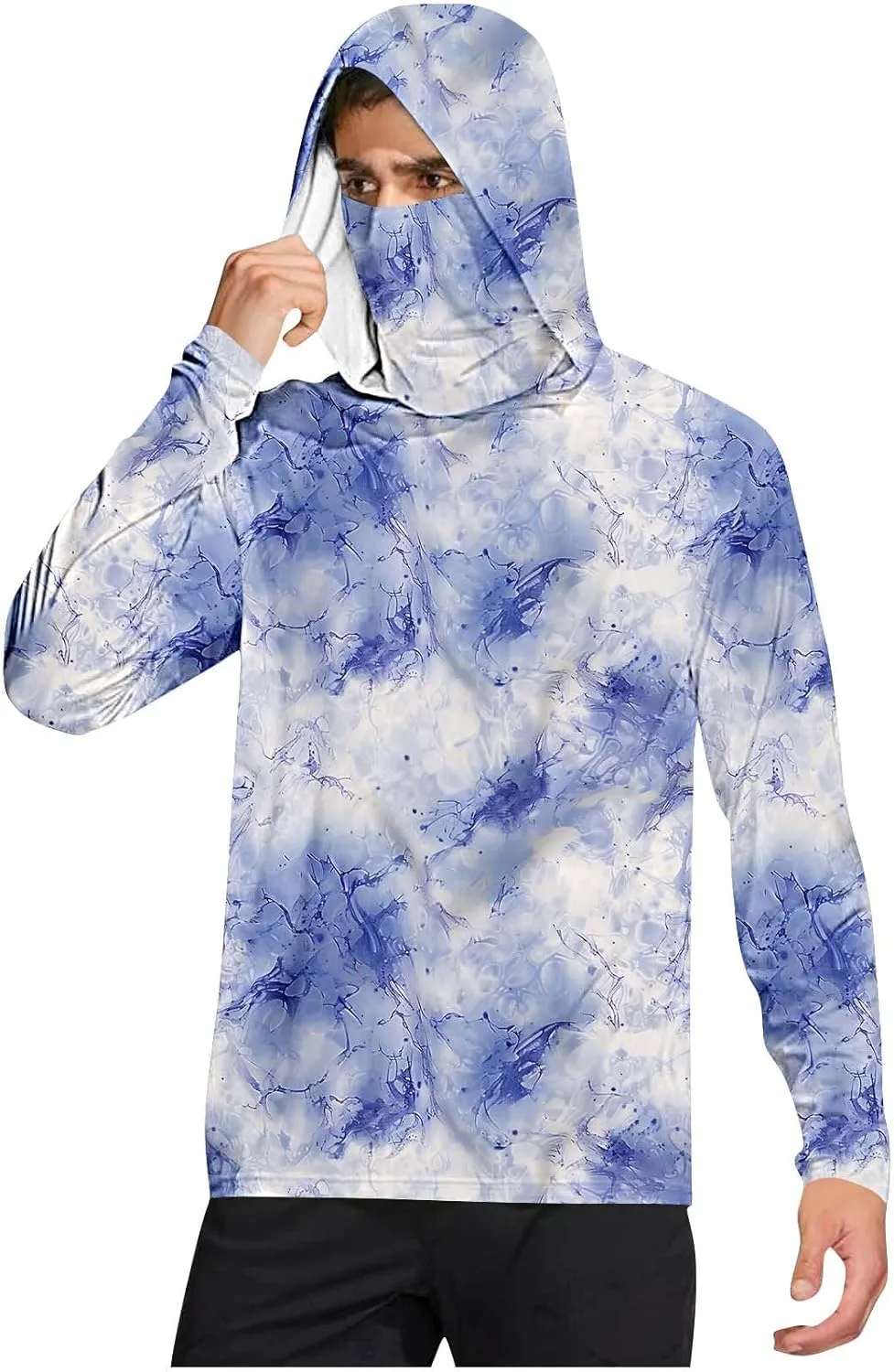 Men's Sun Protection Hoodie with Mask Men Rash Guard Performance Swim Fishing Hiking Shirt Long Sleeve Shirt