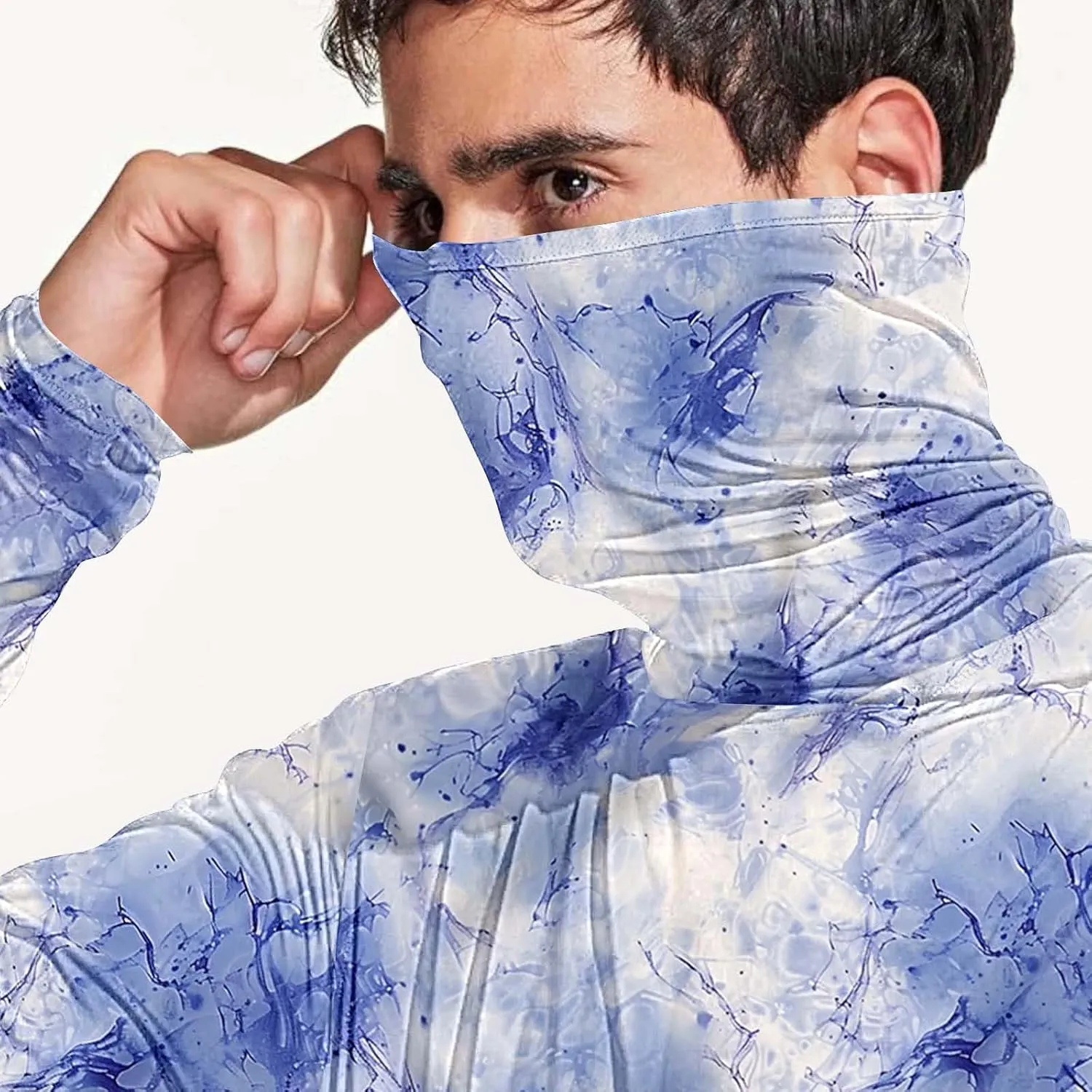 Men's Sun Protection Hoodie with Mask Men Rash Guard Performance Swim Fishing Hiking Shirt Long Sleeve Shirt