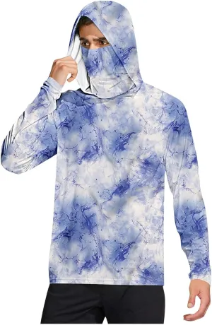 Men's Sun Protection Hoodie with Mask Men Rash Guard Performance Swim Fishing Hiking Shirt Long Sleeve Shirt
