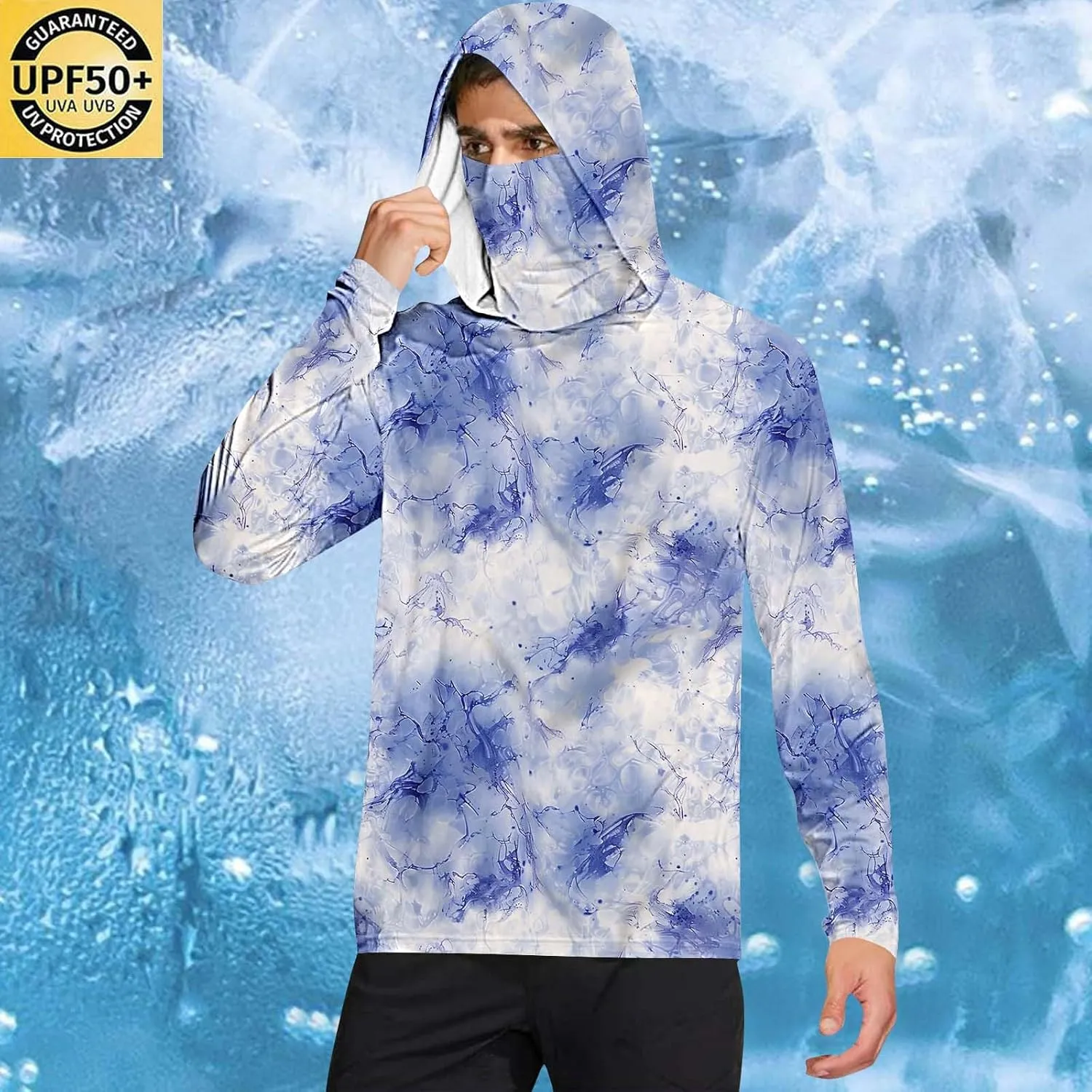 Men's Sun Protection Hoodie with Mask Men Rash Guard Performance Swim Fishing Hiking Shirt Long Sleeve Shirt