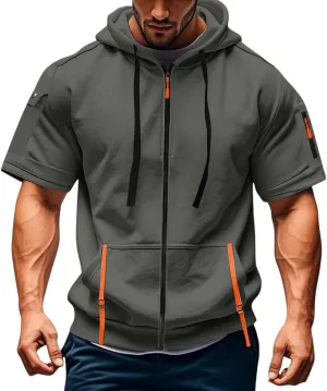 Mens Tactical Full Zip Hoodies Short Sleeve Hooded Cargo Workout Outdoor Sweatshirt with Pockets
