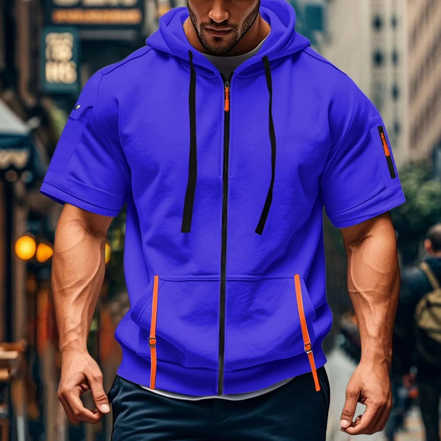 Mens Tactical Full Zip Hoodies Short Sleeve Hooded Cargo Workout Outdoor Sweatshirt with Pockets