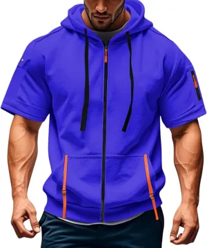 Mens Tactical Full Zip Hoodies Short Sleeve Hooded Cargo Workout Outdoor Sweatshirt with Pockets