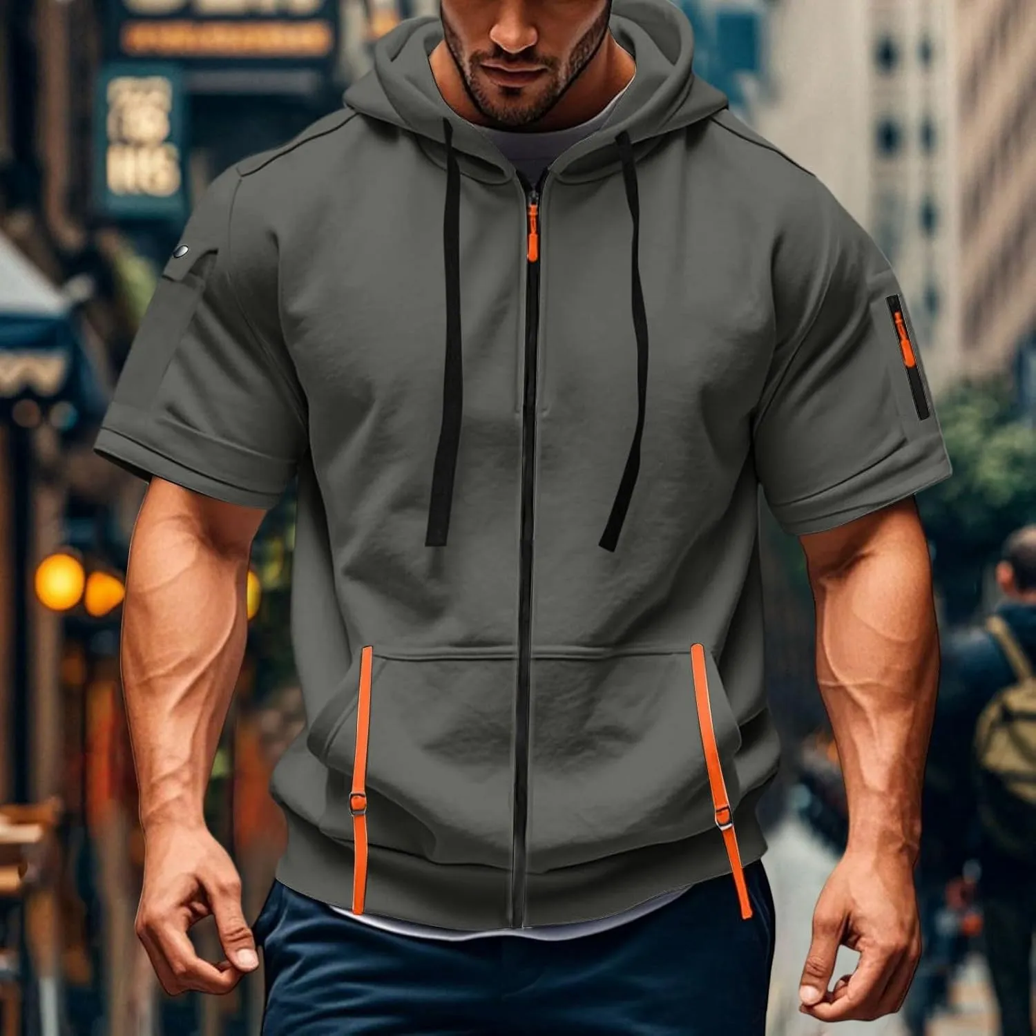 Mens Tactical Full Zip Hoodies Short Sleeve Hooded Cargo Workout Outdoor Sweatshirt with Pockets