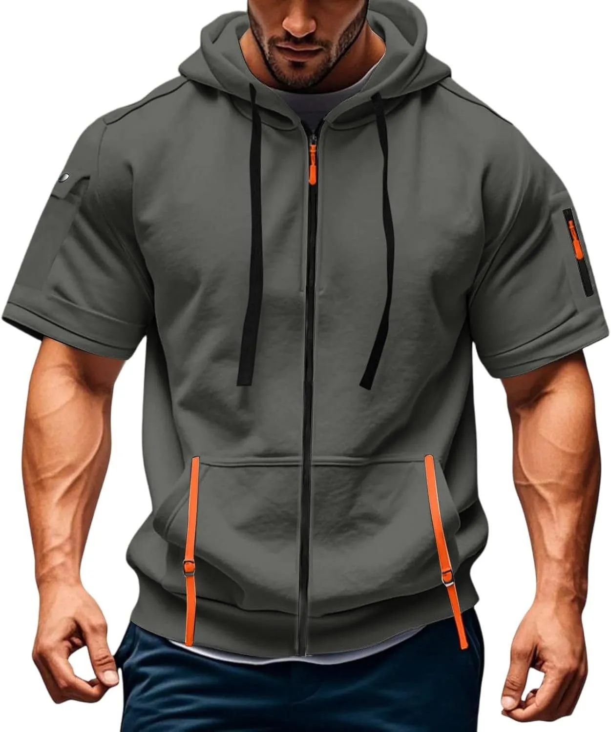 Mens Tactical Full Zip Hoodies Short Sleeve Hooded Cargo Workout Outdoor Sweatshirt with Pockets