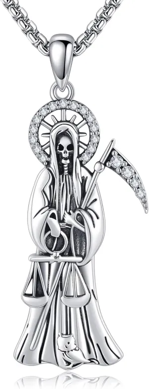 Santa Muerte Necklace Sterling Silver Cadena De la Sannta Muerte Grim Reaper Jewelry Gift for Men