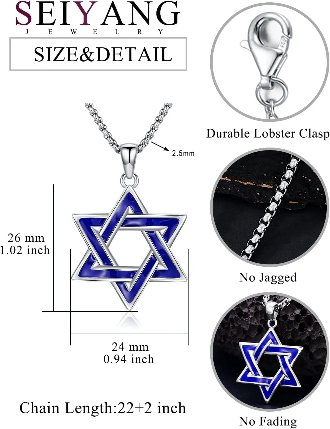 Seiyang Star of David Necklace 925 Sterling Silver Jewish Star Pendant Estrella de David Jewelry Gifts for Men(with Gift Box)