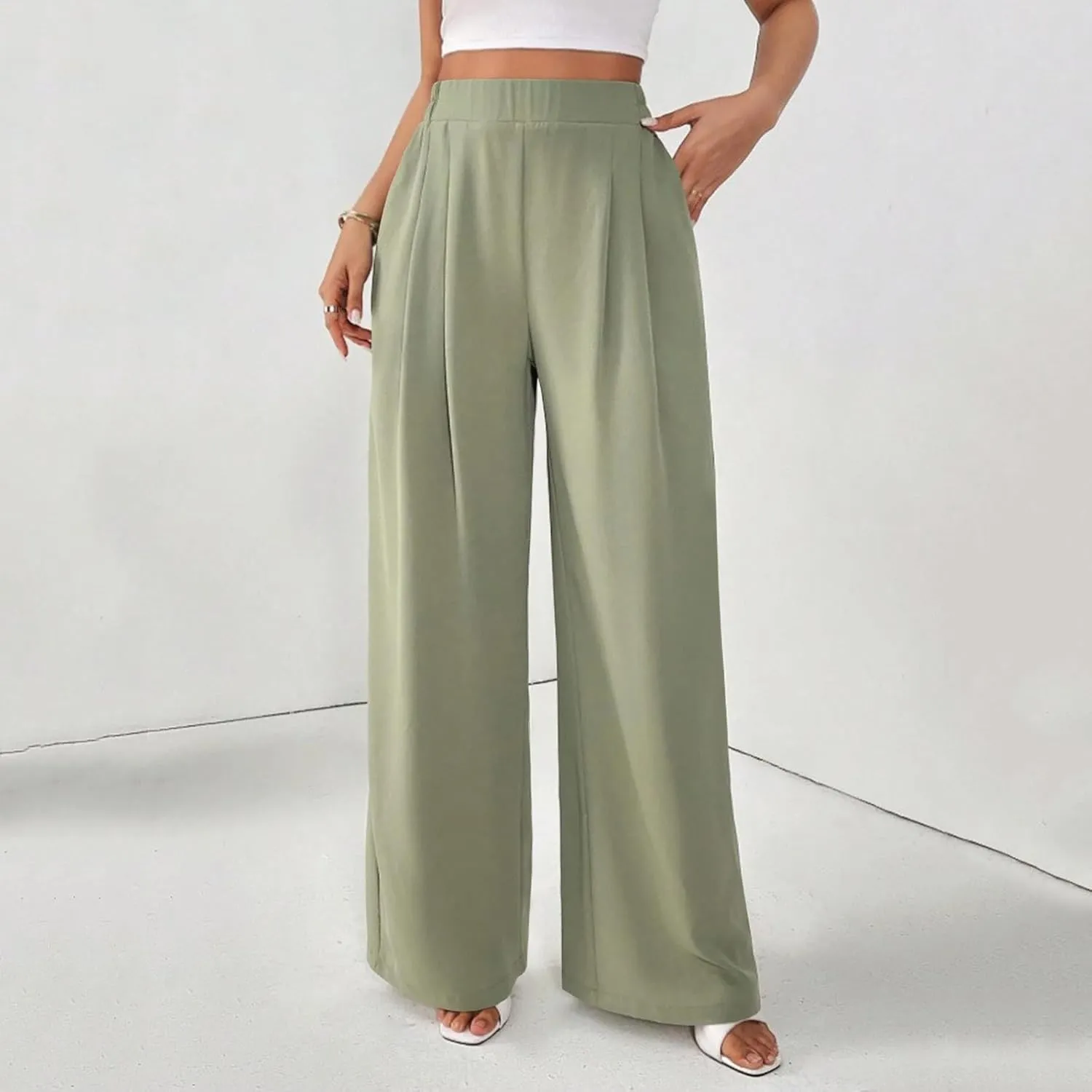 Suit Pants for Womens Solid Color High Rise Pockets Trousers Loose Lightweight Straight Leg Business Casual Pant