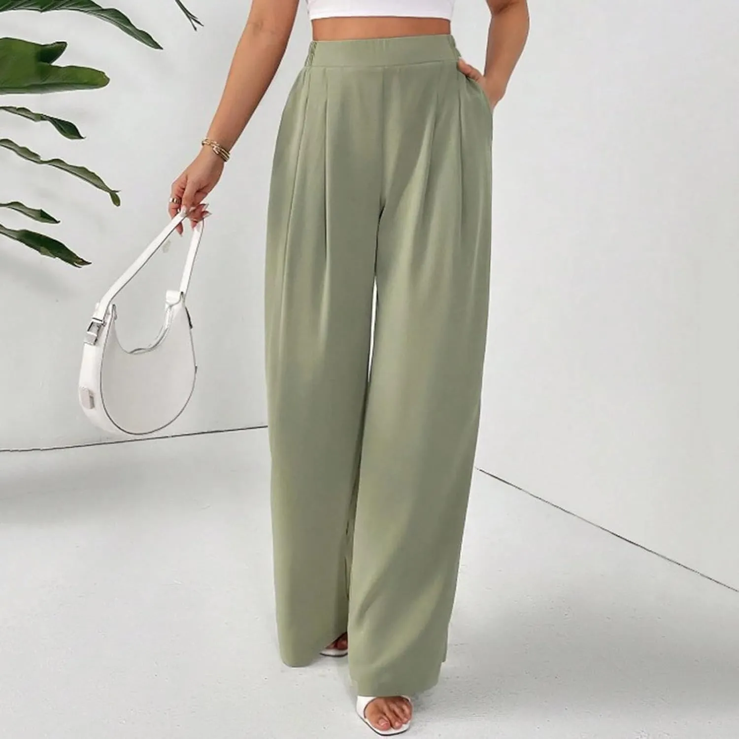 Suit Pants for Womens Solid Color High Rise Pockets Trousers Loose Lightweight Straight Leg Business Casual Pant