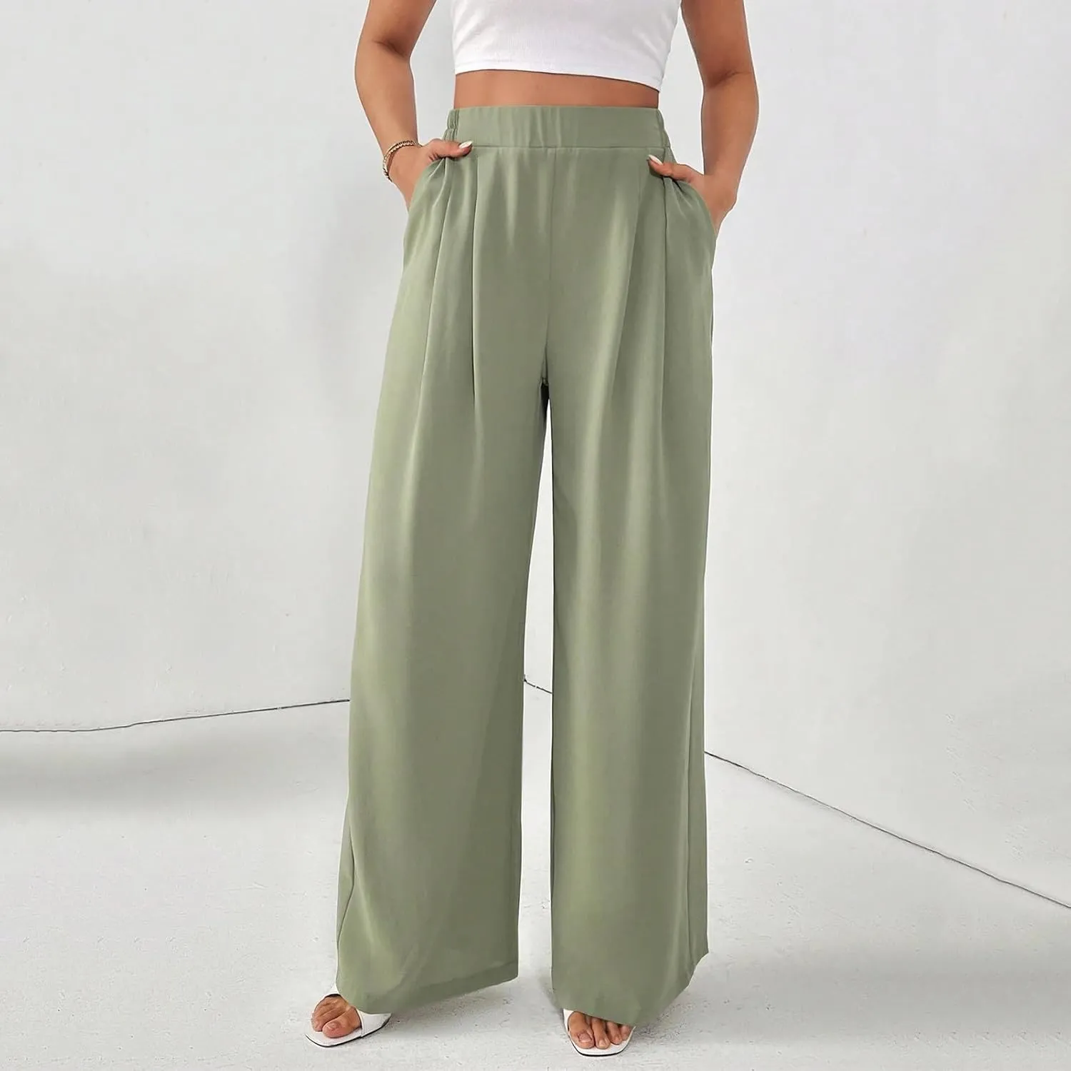 Suit Pants for Womens Solid Color High Rise Pockets Trousers Loose Lightweight Straight Leg Business Casual Pant