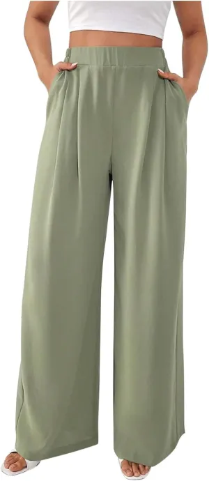 Suit Pants for Womens Solid Color High Rise Pockets Trousers Loose Lightweight Straight Leg Business Casual Pant