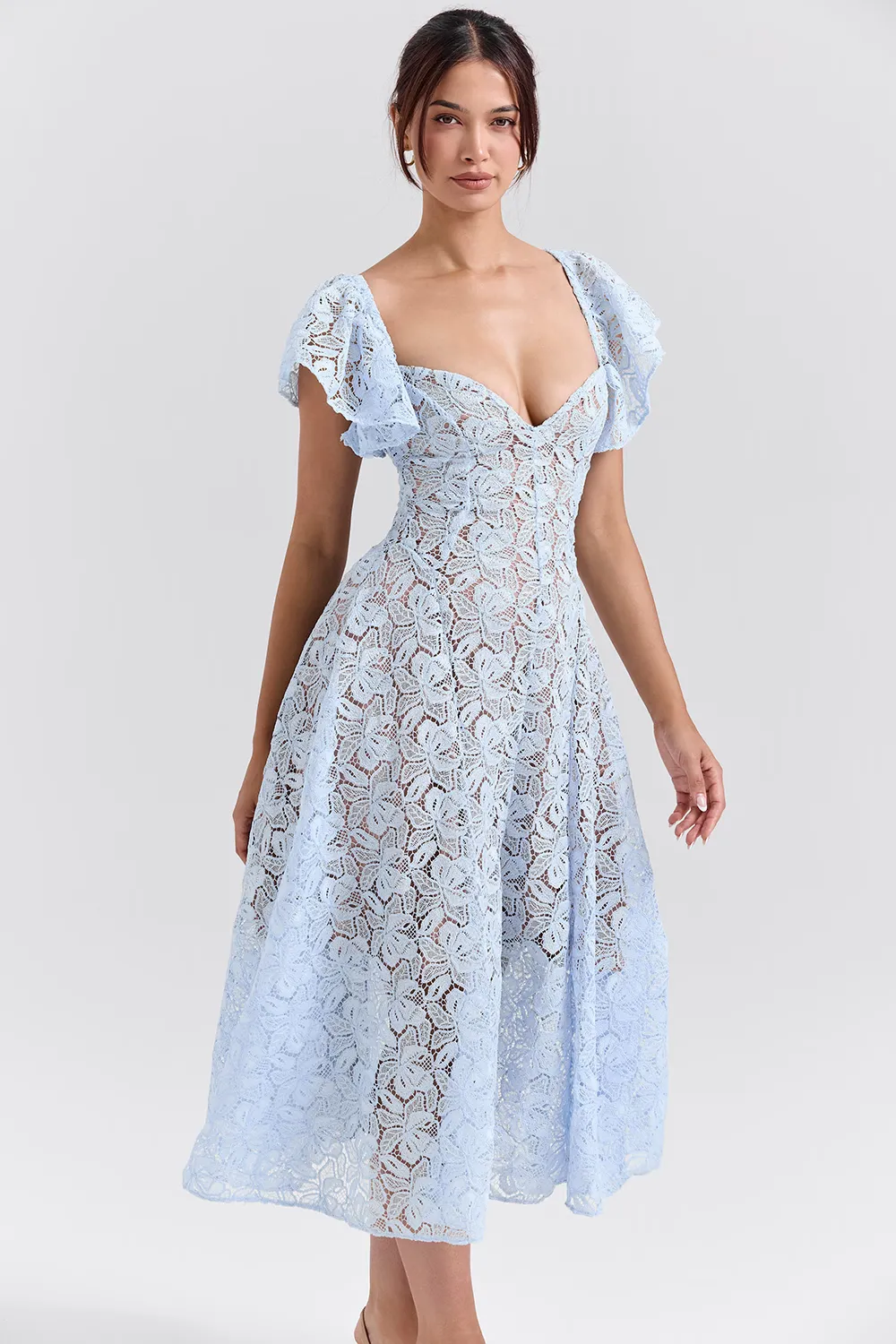 Vestido Midi de Renda Azul Modelo Austen